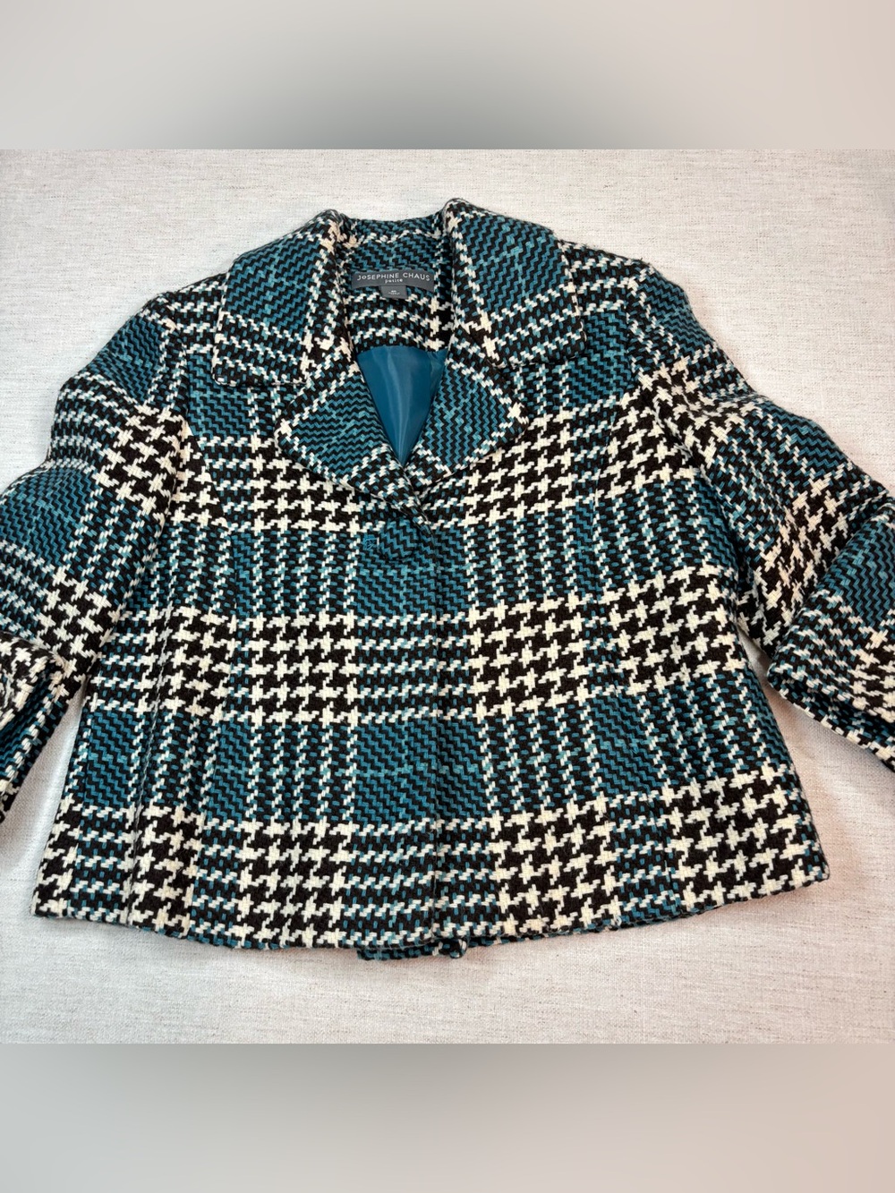 Josephine Chaus women petite 6P Houndstooth tweed Cropped pea coat jacket teal